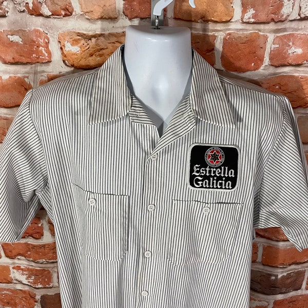 camicia da lavoro vintage a righe Estrella Galicia Beer - taglia L - Hijos De Rivera spagnolo