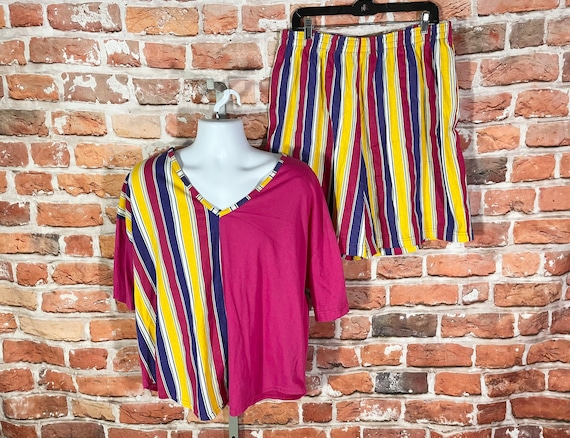 vintage 80s 90s colorful striped boxy shirt and s… - image 1