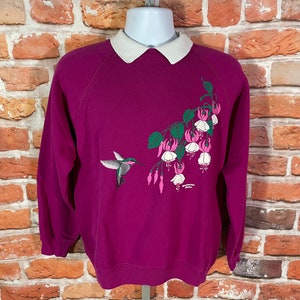 vintage 80s 90s fuchsia Hummingbird polo collar grandma sweatshirt - sz L - emo indie cute grunge granny
