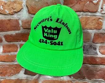 80s Vintage VALU KING Neon Green Snapback Trucker Hat - Grocery