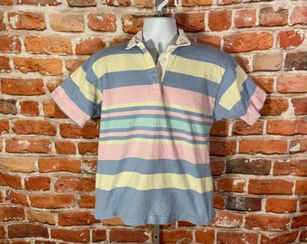 vintage 90s Lands End Women's pastel striped rugby polo shirt - sz L - grunge indie