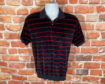 vintage 70s Ground Rules velour striped polo shirt - sz M/S - emo indie grunge mod