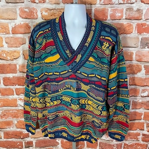 vintage 90s authentic Coogi v neck funky knit sweater - sz XL - cosby notorious chunky australian grunge