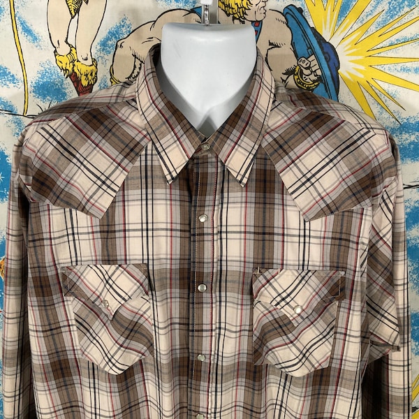 vintage 80s Pearl Snap Western Ely Cattleman long sleeve shirt - sz XL - soft thin plaid striped cowboy rockabilly emo grunge