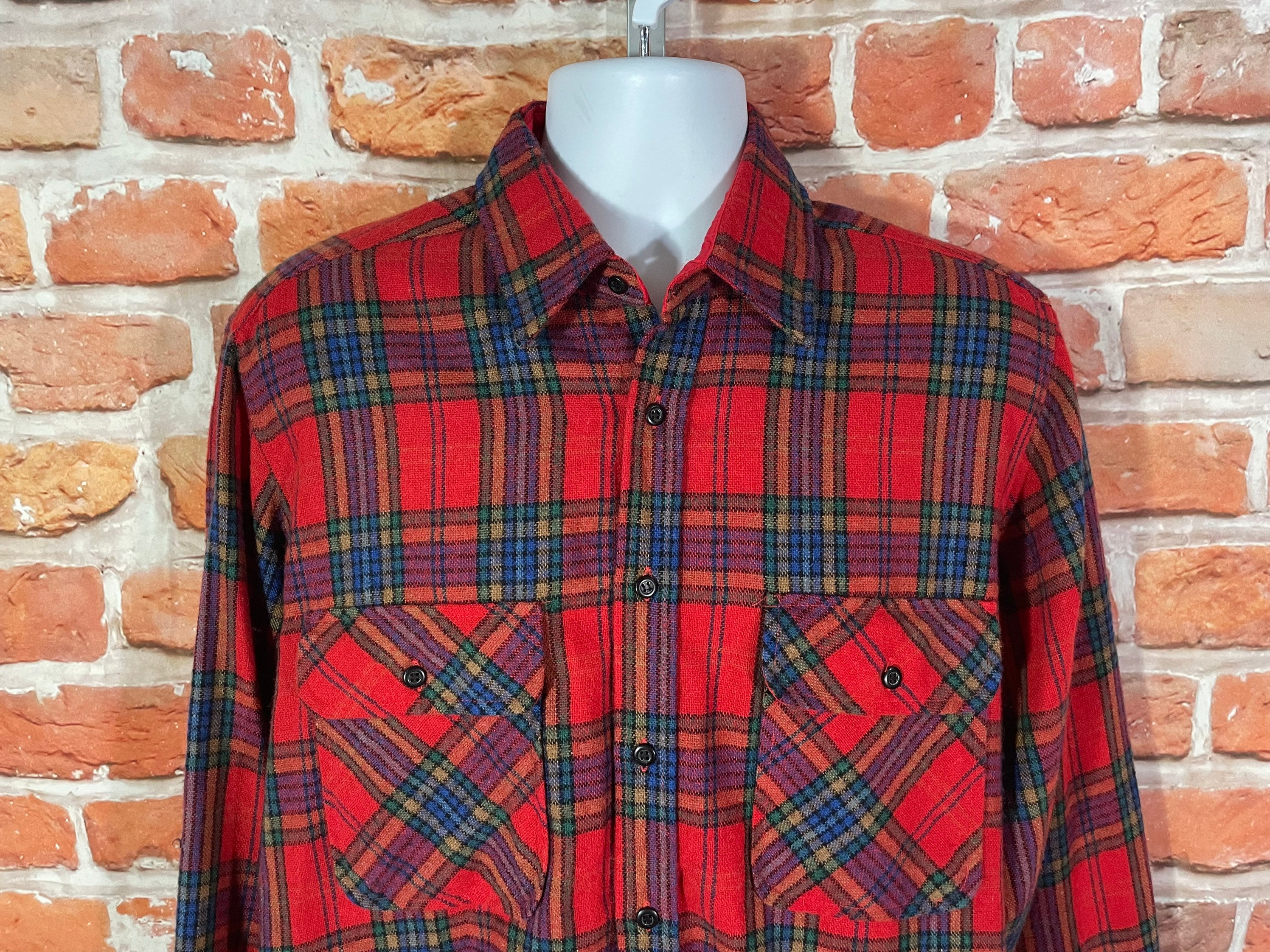 Colorful 1980s Plaid Wool Blend Fieldmaster Flannel Shirt - Sz L