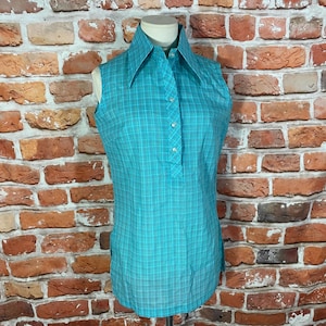 Vintage 60s Plaid Sleeveless Blouse: Mod Big Collar, Size 34