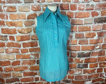 Vintage 60s Plaid Sleeveless Blouse: Mod Big Collar, Size 34
