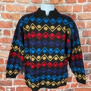 vintage 80s 90s funky colorful geometric acrylic/wool sweater - sz L - emo indie grunge rainbow cute