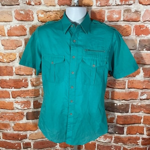 vintage early 80s teal button down w zipper pocket - sz M - racer indie grunge emo