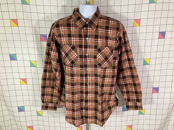 Vintage 70s NOS Montgomery Ward Plaid Flannel Shirt Sz L Grandpa 