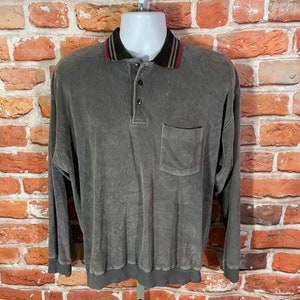 vintage 80s velour long sleeve polo shirt - sz L - grandpa emo indie grunge