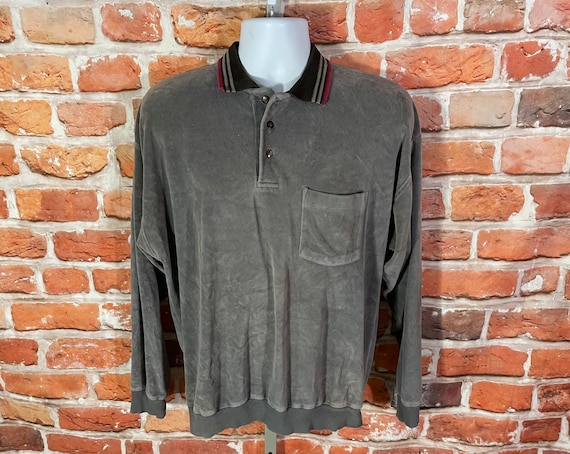 Vintage 80s Velour Long Sleeve Polo Shirt - Sz L - Grandpa