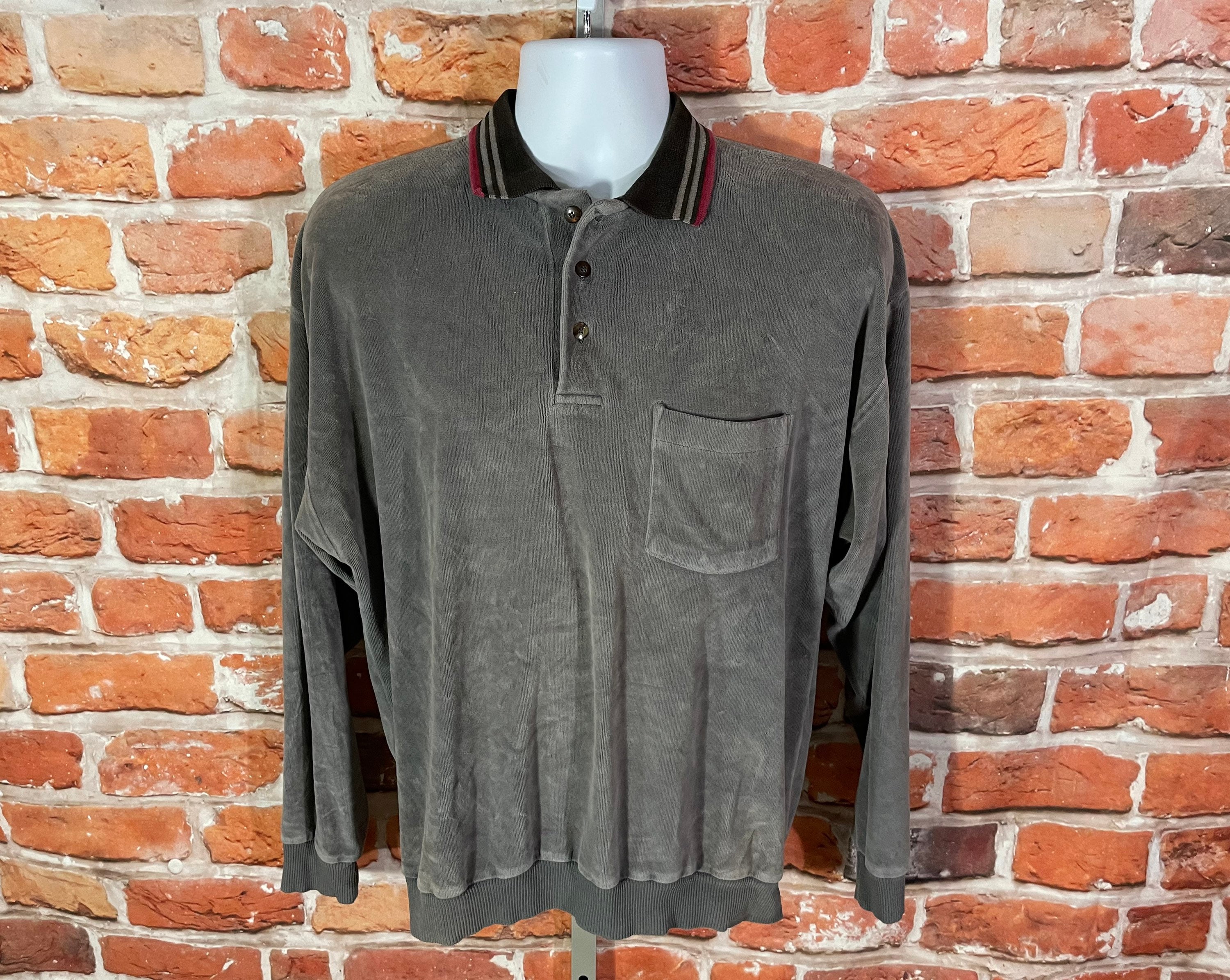 Vintage 80s Velour Long Sleeve Polo Shirt - Sz L - Grandpa Emo