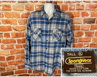 vintage 70s Sears Sportswear thick camp plaid flannel shirt - sz XL Tall - cabin core grandpa grunge emo indie