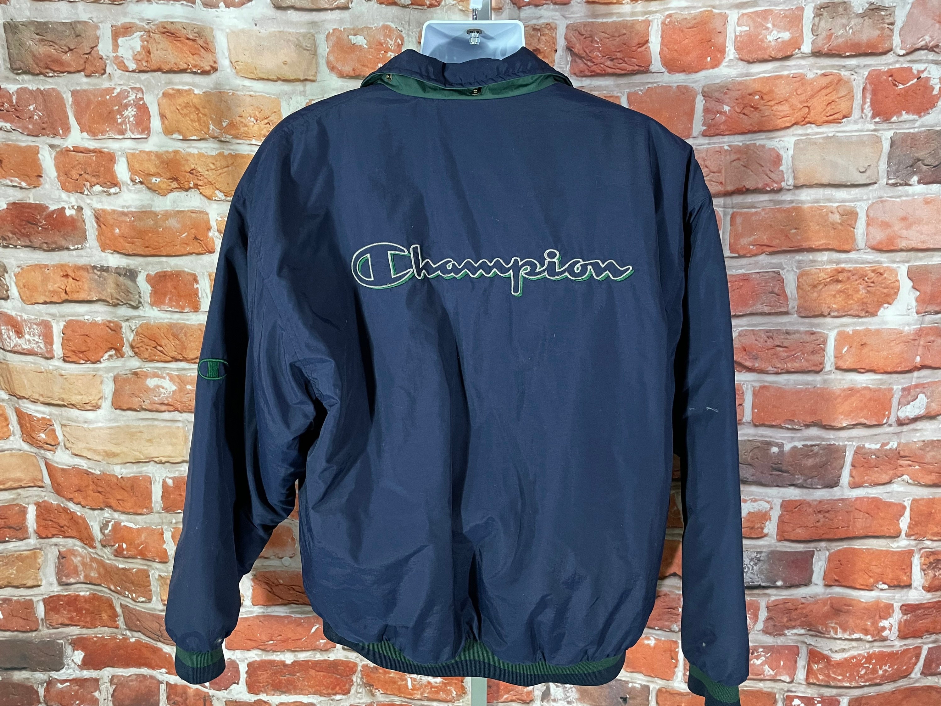Vintage 90s Champion Spellout Puffer Bomber Jacket Sz L Grunge Era