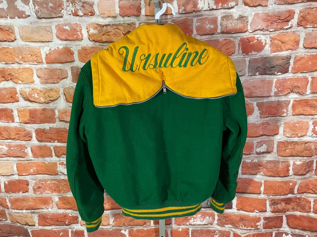 Vintage 1960s Ursuline High School Green Wool Varsity Bomber Jacket