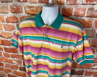 polo Hunt Culb vintage des années 90 à rayures lumineuses et colorées - t L