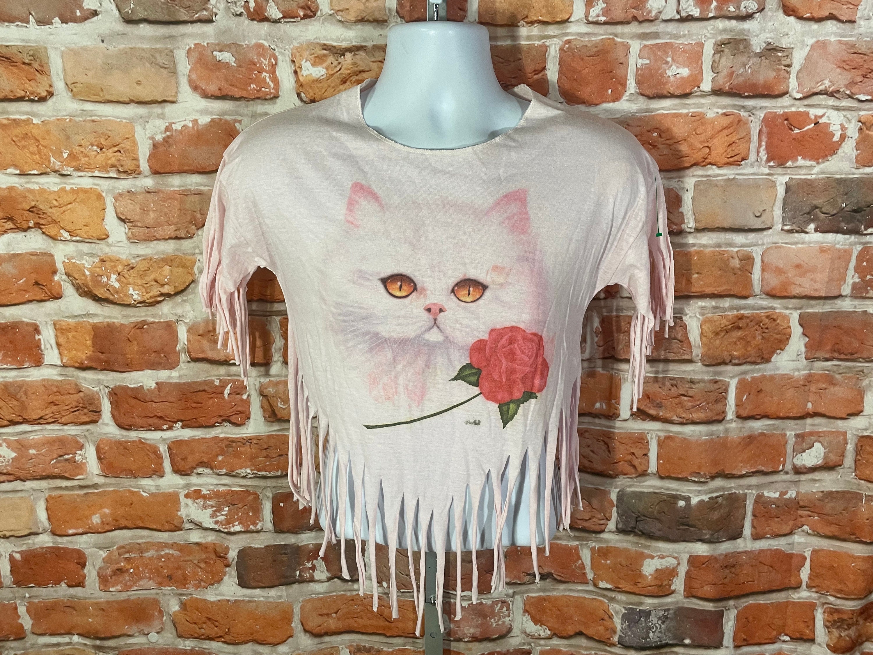 Vintage 80s Cropped Cat Shirt W Tassels - Sz M - Grunge Indie