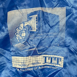 vintage 80s ITT Tech satin bomber jacket - sz L - computer nerd technical institute emo indie grunge