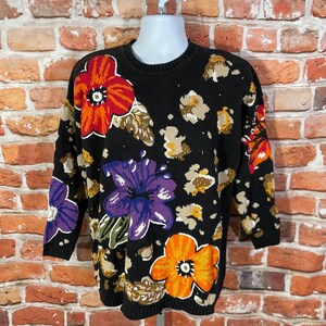 Vintage 80s 90s Knit Flower Sweater Sz L Colorful Aop - Etsy