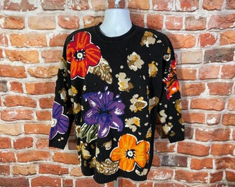 vintage 80s 90s knit flower sweater sz L colorful aop