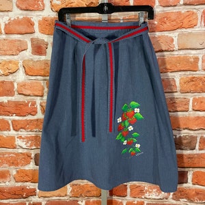 cute 60s 70s chambray wrap midi skirt w hand painted strawberries - fits XL - vintage grunge boho emo mod