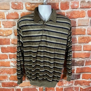 vintage 70s 80s striped velour long sleeve polo shirt - fits L/M - surf skater grunge emo indie mod