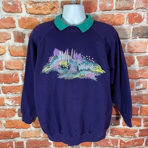 vintage 90s wildflowers purple polo collar sweatshirt- sz 3XL - cute emo indie grunge