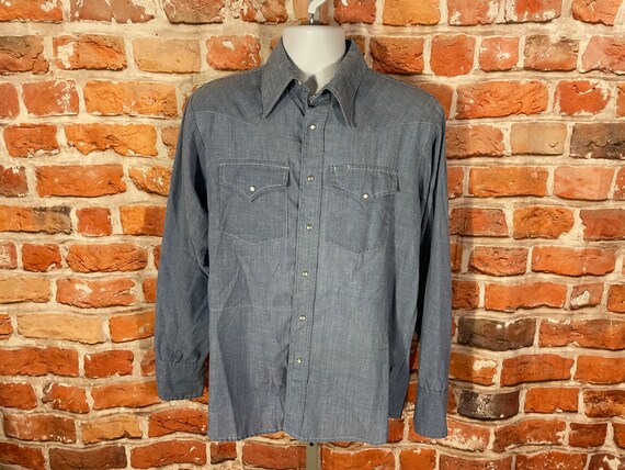 vintage 70s Sears chambray pearl snap western shi… - image 1