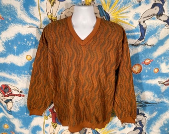 vintage 90s Tundra Coogi style v neck textured sweater - sz L - grunge biggie chunky cosby