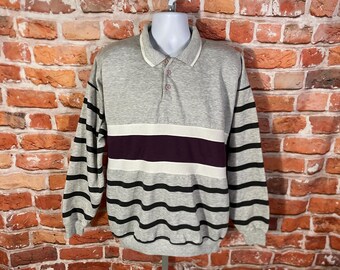 vintage striped polo collar sweatshirt sz XL 80s 90s