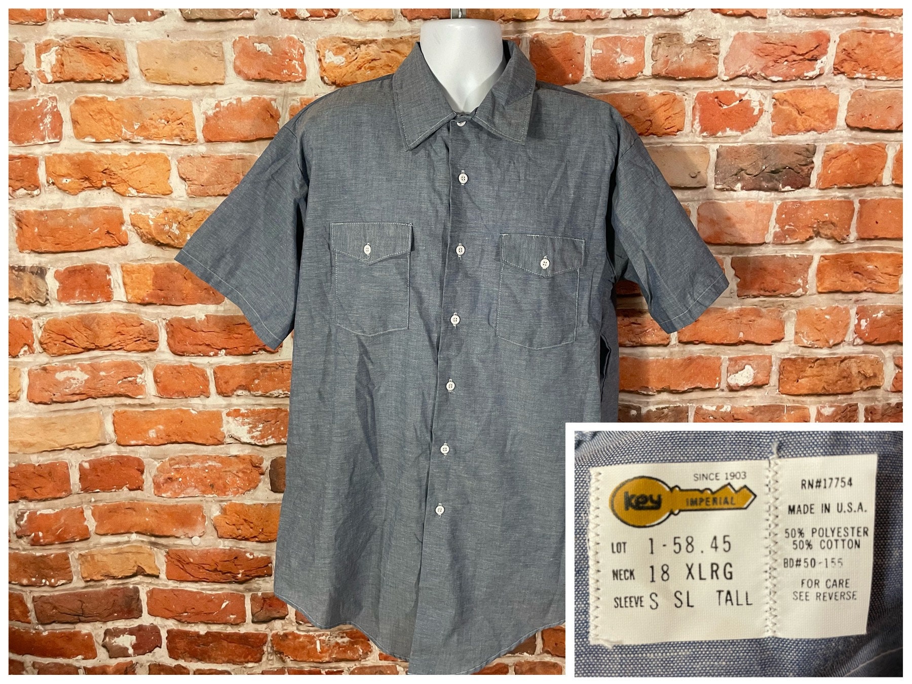 Camisa de trabajo vintage de Chambray con estampado de claves de los años  70, talla XL alta - Etsy México, image size:1800x1350