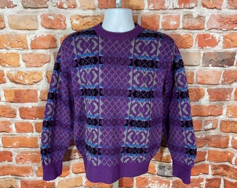 Vintage Funky Purple 70s Campus Striped Sweater - Sz M - Indie