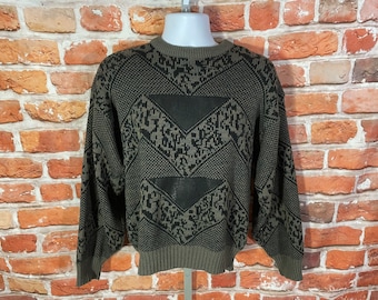 vintage 80s 90s funky striped sweater w leather patches - sz M - grandpa emo indie grunge