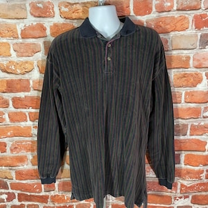 colorful vintage VELOUR striped long sleeve polo collar shirt - sz 2XL - funky mod emo grunge grandpa