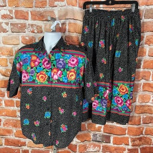 vintage 90s summer floral black polka dot blouse and skirt set - sz M - cute funky mom grunge