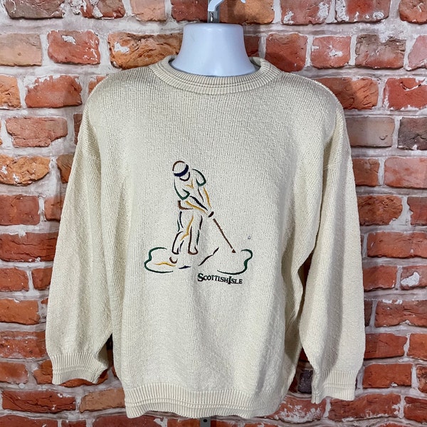 Vintage 80s Scottish Isle Golf Sweater - Textured Knit, XL grandpa