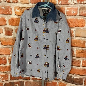cute 90s striped all over print cats button down - sz Youth Girls L - vintage denim collar long sleeve grunge