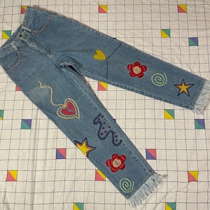 vintage jaren 90 Zana Di jeans w leuke geborduurde ontwerpen - sz 9/10 - grunge boho indie emo harten bloemen zanadi