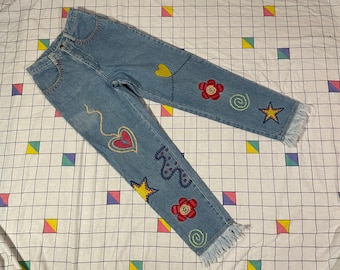 vintage 90s Zana Di jeans w cute embroidered designs - sz 9/10 - grunge boho indie emo hearts flowers zanadi