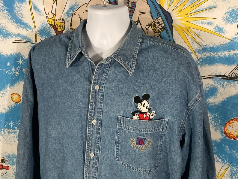 Vintage Mickey Mouse Denim Button up Long Sleeve Shirt Sz XL - Etsy