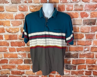 Vintage 80s 90s Striped Par 4 Polo Shirt - Sz L - Colorful