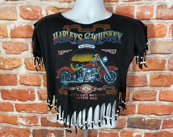 vintage 80s Harley Davidson 3D Emblem cropped tee w tassels - Harleys & Whiskey - crop top grunge biker babe