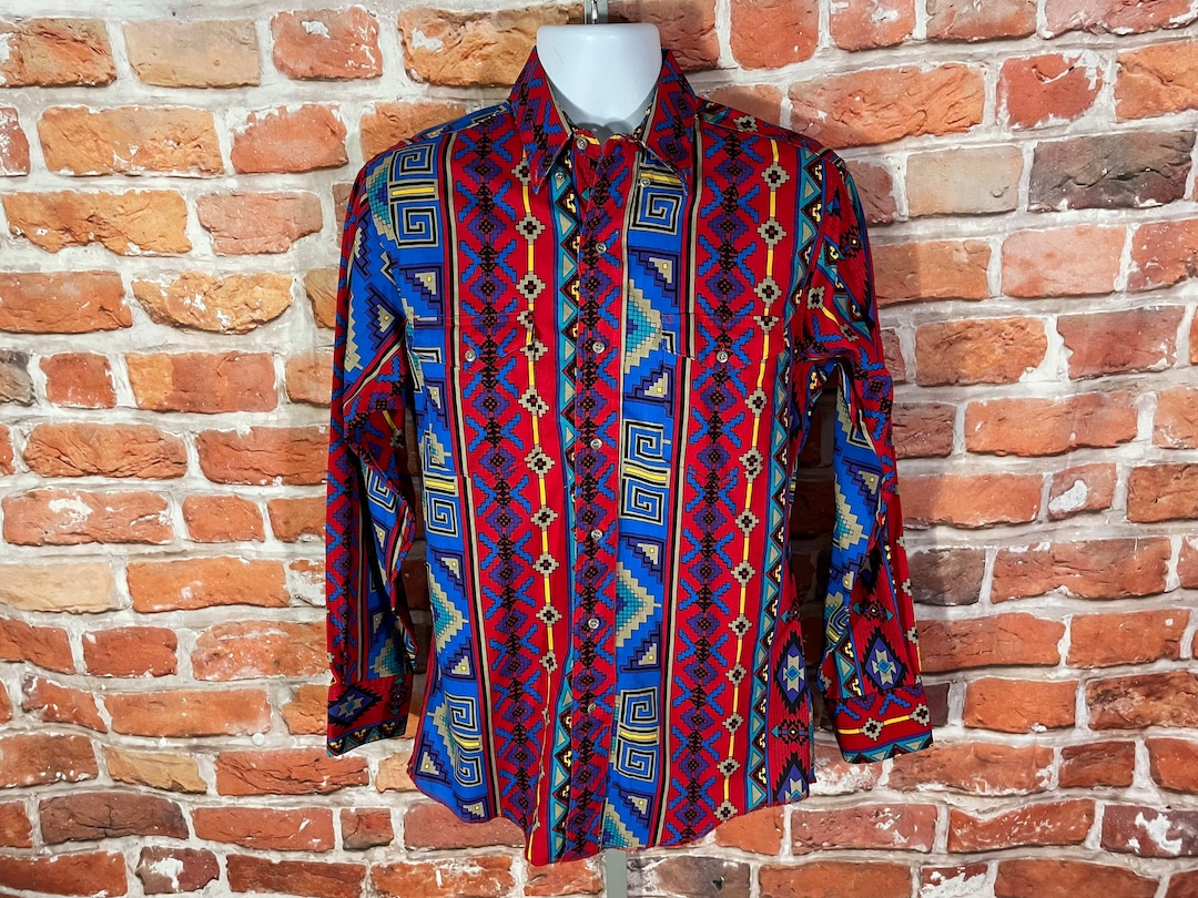 VINTAGEASSAULT Vintage 90s Funky Geometric Striped Wrangler Western Shirt - Sz L or M - Southwestern Aztec Grunge Country Cowboy