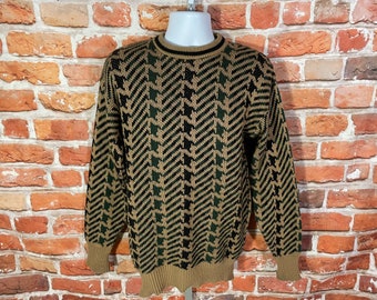 vintage 80s 90s funky geometric green/brown abstract funky sweater - sz L - grandpa emo indie grunge