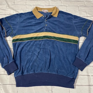 vintage Velour striped 70s 80s longsleeve polo shirt - fits M/S - banded grandpa emo mod