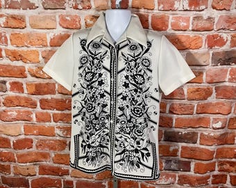 1960s Floral Polyester Bluse: Schmetterling Kragen Vintage Mod Shirt (L / M)