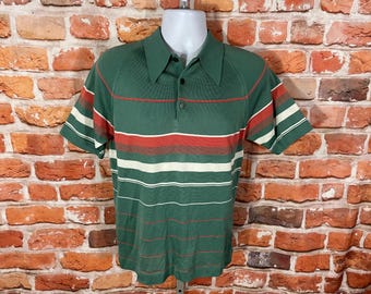 Vintage 70s JC Penney Striped Funky Polo Shirt - Sz M - Ban