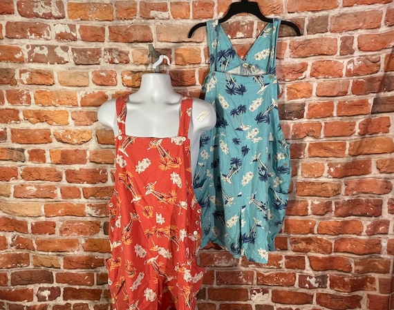 vintage 90s cute tropical bib overalls shorts rom… - image 1