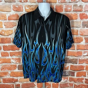 90s vintage blue flames polyester button up shirt - sz M - biker flavortown tribal